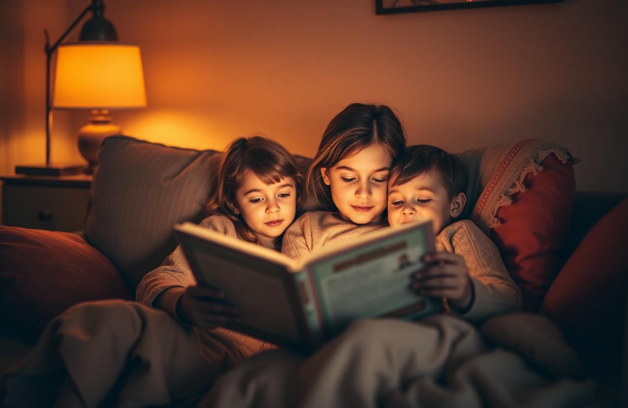 Mother reading a storybook to her two children at bedtime