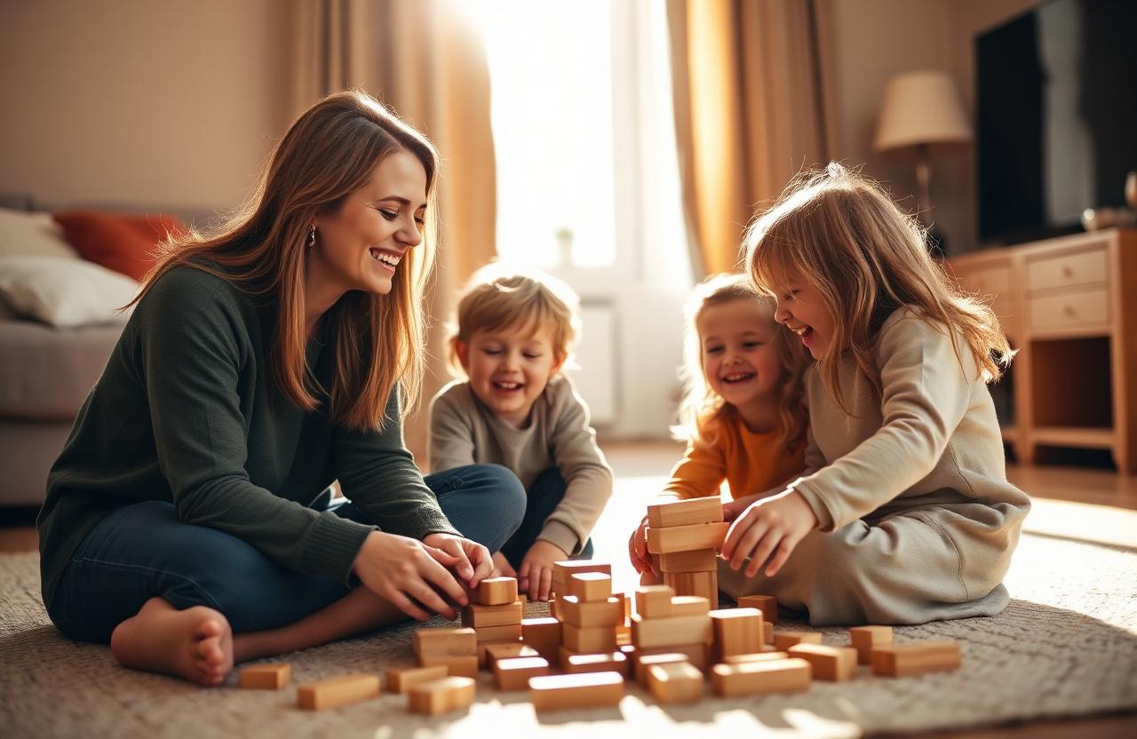 Mother playing with two laughing children on the living room floor