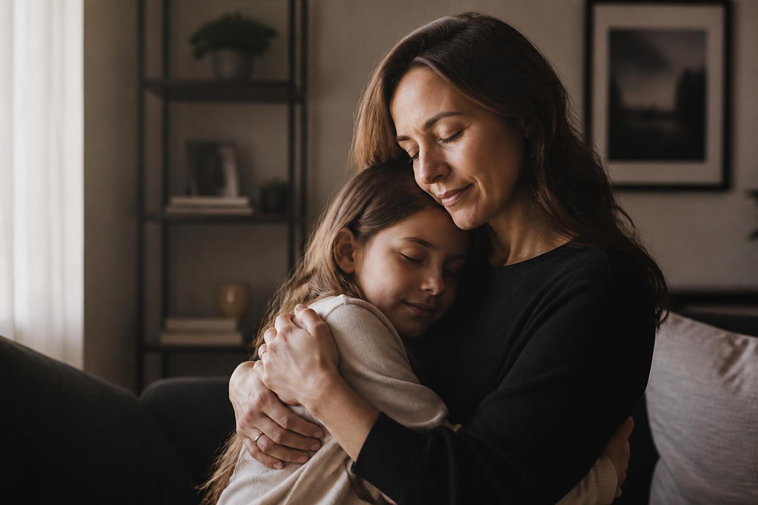Mother hugging her child, calm and connected after a difficult transition