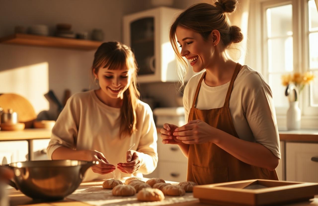Mother and daughter baking cookies together in a sunlit kitchen